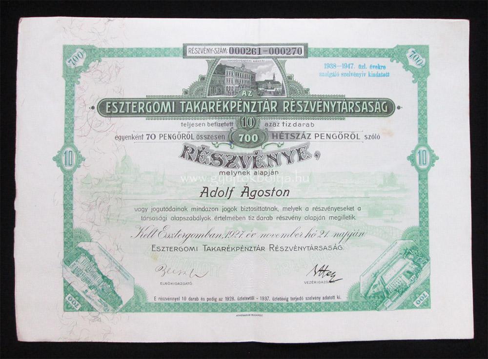 Esztergomi Takar�kp�nzt�r r�szv�ny 10x70 peng� 1927